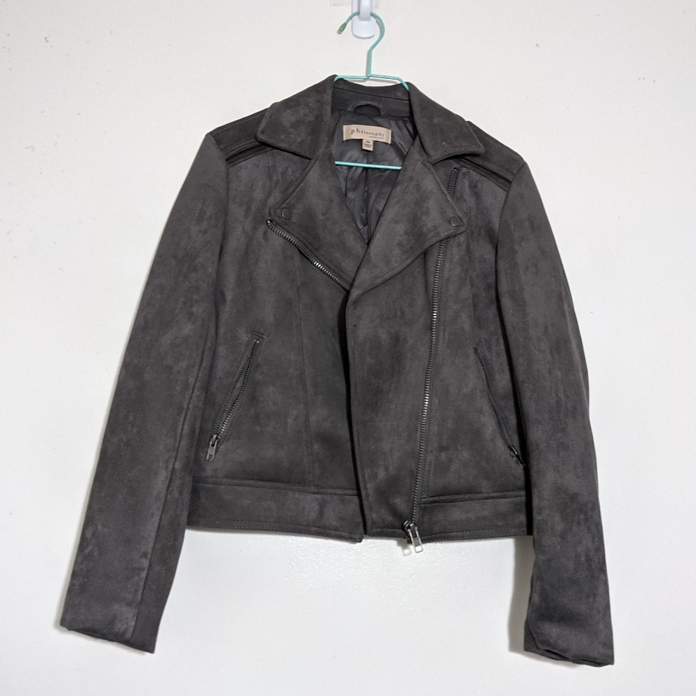 Like new Philosophy women's gray suede faux leather moto jacket, size XS